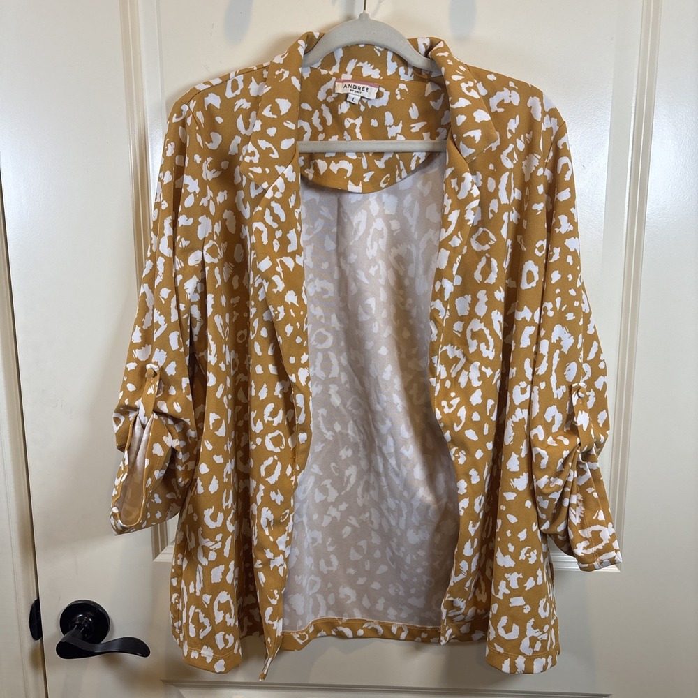 ANDREE By Unit Mustard Cheetah Animal Print Open Front Blazer Jacket Size Large